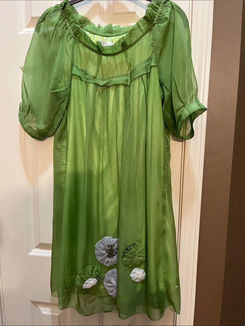 Lucy Paris Green Chiffon Puff-Sleeve Cocktail Dress with Rosette Accents